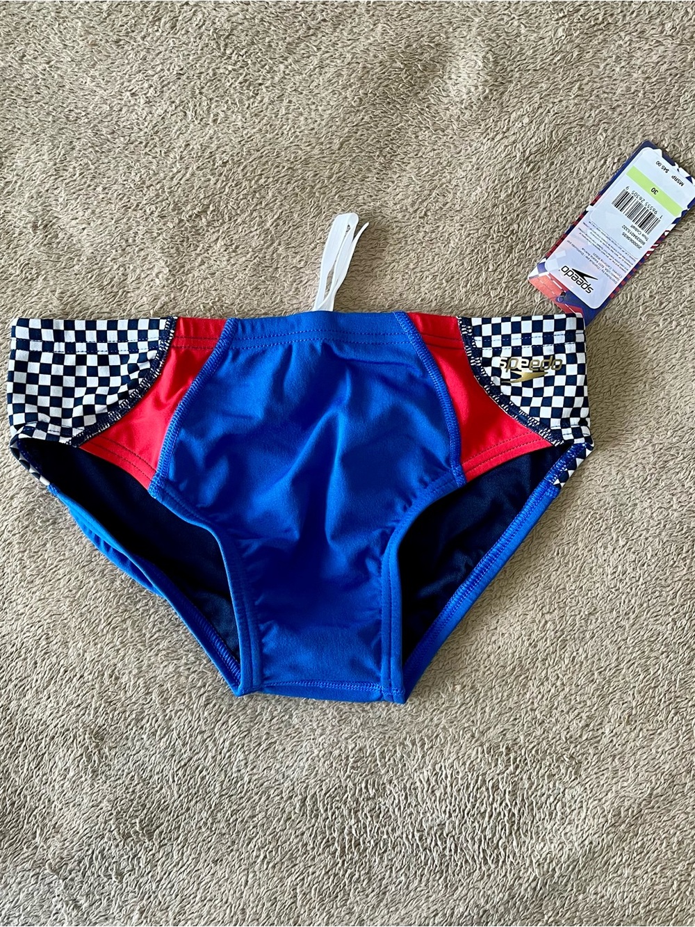 Speedo Blue Swim Briefs with Checkered Panels, Size 30, Performance fit